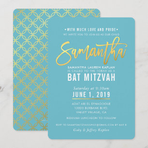 BAT MITZVAH turkos vit guld-skript SAMANTHA Inbjudningar