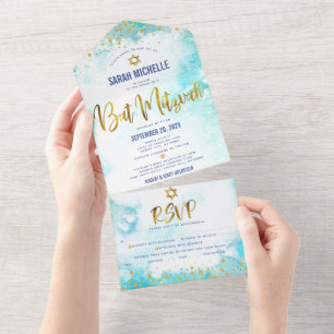 Bat mitzvah turkos Watercolor Guld-skript Party