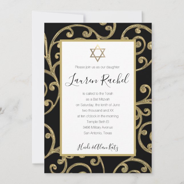 Bat mitzvah utformning av Rullan Färg Guld Inbjudningar (Framsida)
