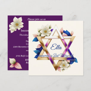 Bat mitzvah vacker Blommigt David Square-stjärnan Inbjudningar