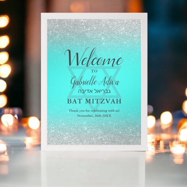 Bat mitzvah välkomnande av chic silver glitter poster (Chic silver glitter teal Bat Mitzvah welcome Poster)