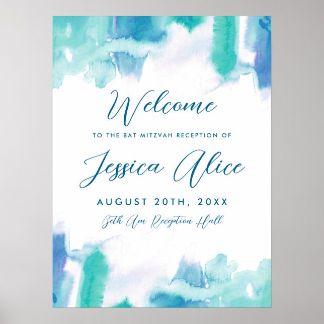 Bat mitzvah välkomstmeddelande om blått vattenfärg poster (Framsidan)