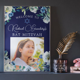 Bat mitzvah välkomstplats för foto för blått Blomm Poster