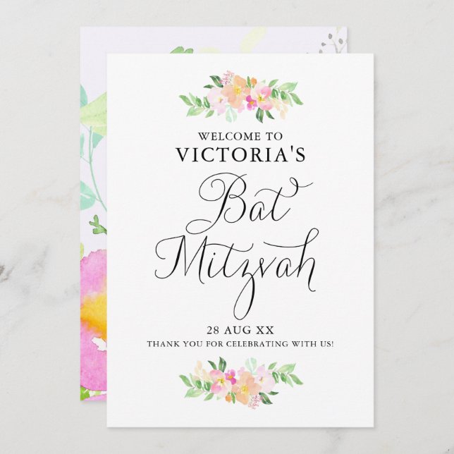 Bat mitzvah välkomstsignal för Blommigtar för vatt Inbjudningar (Fram/baksida)