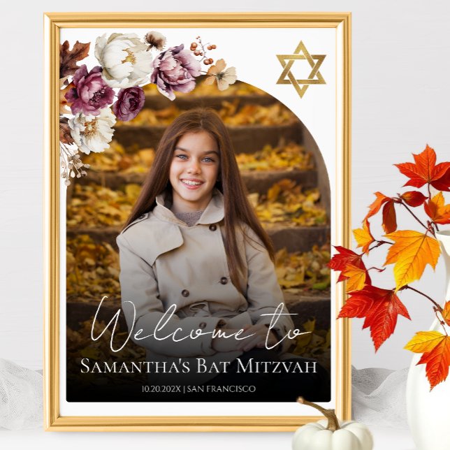 Bat mitzvah välkomsttecken för Burgundy Fall Photo Poster (Skapare uppladdad)