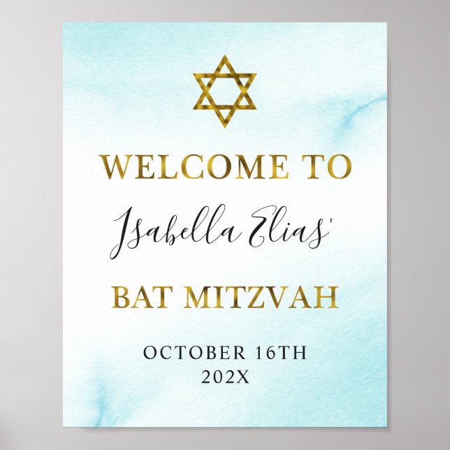 Bat mitzvah vattenfärg Pastel Blue Guld Välkommen Poster (Framsidan)