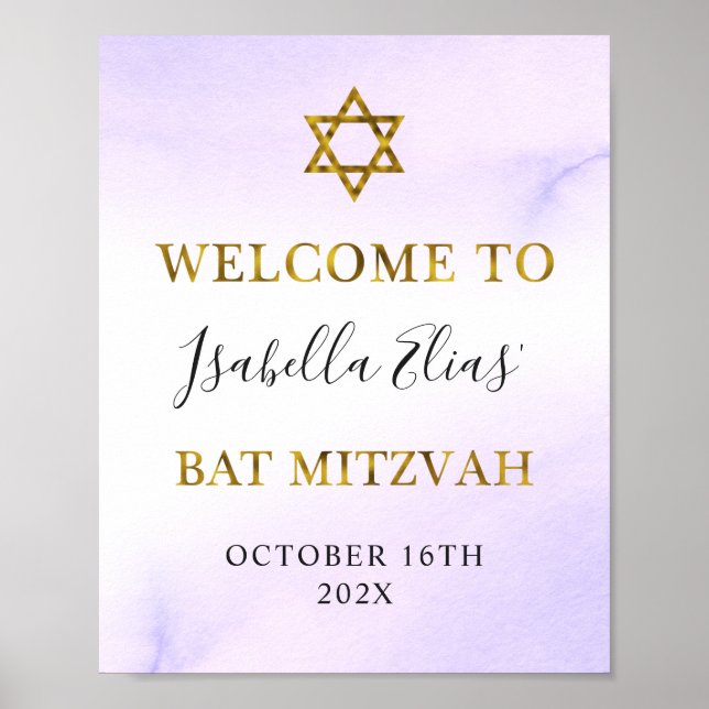 Bat mitzvah vattenfärg Pastel Lila Guld Välkommen Poster (Framsidan)
