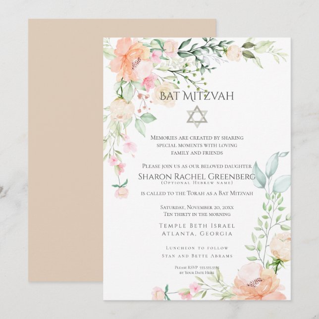 BAT MITZVAH | Vattenfärg Vår Blommar Verse 3 Inbjudningar (Fram/baksida)