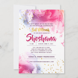 Bat mitzvah vattenfärgen Glitter Rosa och Guld Inbjudningar