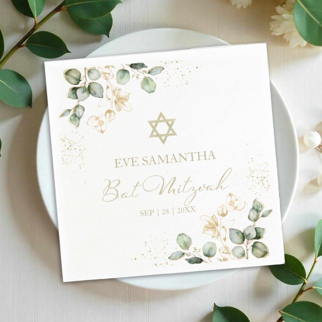 Bat mitzvah vattenfärgsblöjor | Eucalyptus Gilded Pappersservett (Skapare uppladdad)