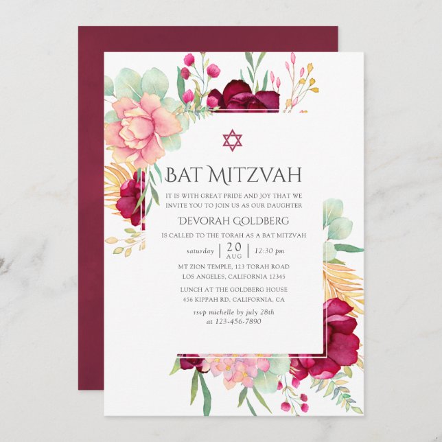 Bat mitzvah vattenfärgsburgundi och  Blommigt Inbjudningar (Fram/baksida)
