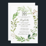 Bat mitzvah vattenfärgsfärgad Grönt David Bli Star Inbjudningar<br><div class="desc">Utformningen består av en delikat vattenfärgad grönt av grönt löv-blad med en enkel stjärna av David på en enkel vit bakgrund.. 

Finns här:http://www.zazzle.com/store/selectpartysupplies</div>