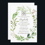 Bat mitzvah vattenfärgsfärgad Grönt Foliage Star o Inbjudningar<br><div class="desc">Utformningen består av delikat vattenfärgad grönt grönt löv blad med en enkel David-stjärna på en vit bakgrund. . Finns här: http://www.zazzle.com/store/selectpartysupplies</div>