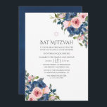 Bat mitzvah vattenfärgsflotta och  Blommigt Inbjudningar<br><div class="desc">Trendigets  rosa och marin blå blommigt i första heligan förenar inbjudan anpassade med dina händelsespecifikationer.</div>