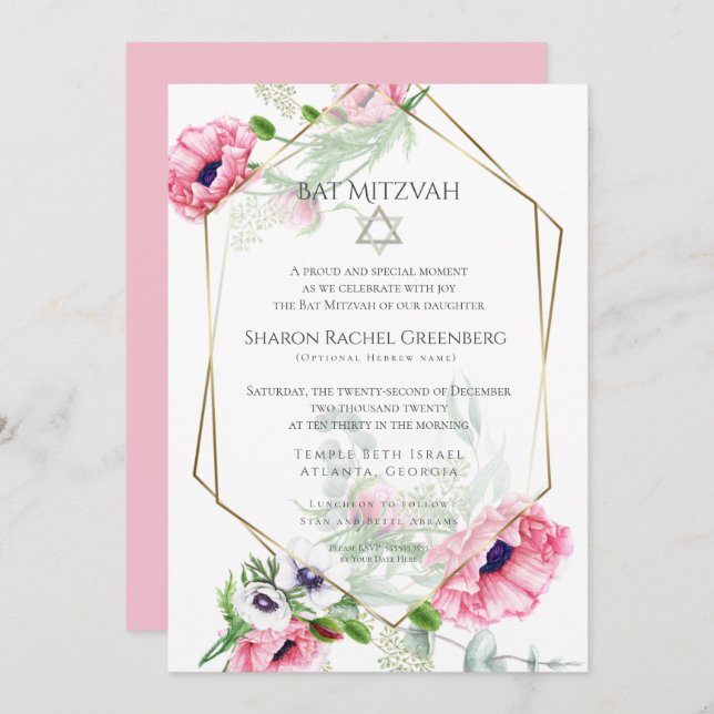 Bat mitzvah | Vattenfärgsförpackningars Rosa 2 Inbjudningar (Fram/baksida)