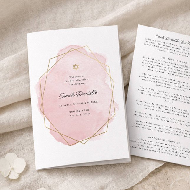 Bat Mitzvah Viklat Pappersprogram, Rosa och Guld  Reklamblad (Skapare uppladdad)