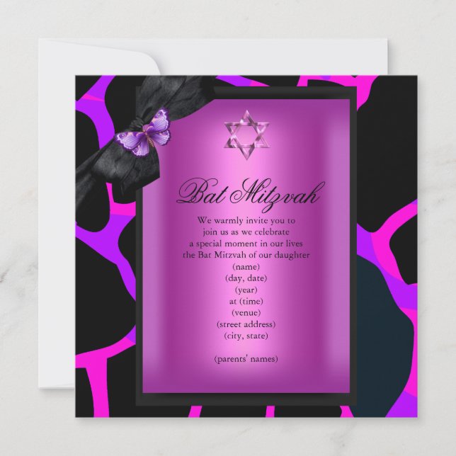 Bat Mitzvah Vild Rosa Lila Fjäril Inbjudningar (Framsida)