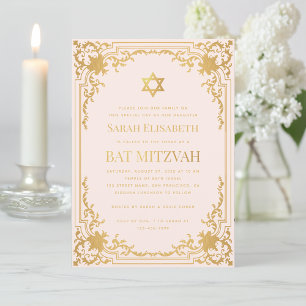 Bat mitzvah Vintage Rosa Faux Guld Star Religiösa Inbjudningar