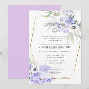 BAT MITZVAH Violet Anemone Blommigt Verse 3 Inbjudningar