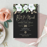 Bat mitzvah Watercolor-skript för svart Guld-Blomm Inbjudningar<br><div class="desc">Var stolt, gladd och visa den här milstolpen till din favoritBat mitzvah med den här sofistikerade inbjudan till personligen! En chic, förbluffande, vit och guld glitter blommigt med faux guld-folie, typografi och vit san serif-typ överträffar en dramatisk svart bakgrund. Ytterligare vattenfärgblommor och en guld Star av David täcker över en...</div>