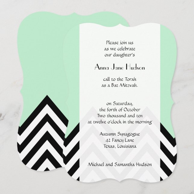 Bat mitzvah - Zigzag, Chevron - Mint-Grönt, svart Inbjudningar (Fram/baksida)