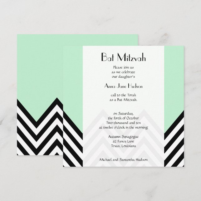 Bat mitzvah - Zigzag, Chevron - Mint-Grönt, svart Inbjudningar (Fram/baksida)