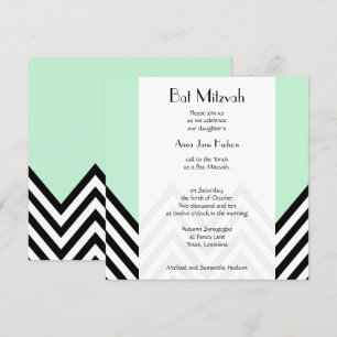 Bat mitzvah - Zigzag, Chevron - Mint-Grönt, svart Inbjudningar