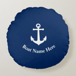 Båt Namn med Vintage Anchor Navy Blue Rund Kudde
