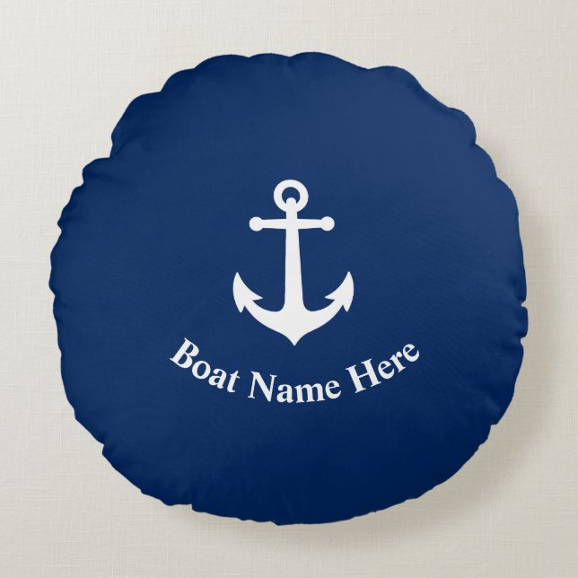 Båt Namn med Vintage Anchor Navy Blue Rund Kudde (Framsidan)