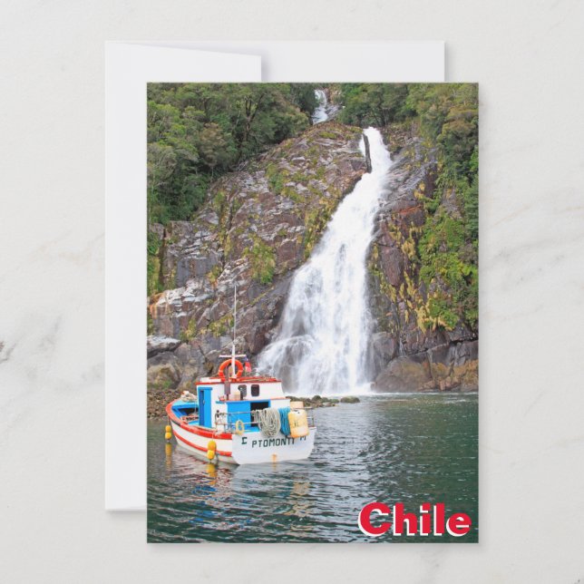 Båt och vattenfall, Chile-kort (Framsida)