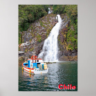 Båt och vattenfall, Chile Poster