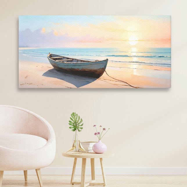 Båt på en Elegant av kuststrupe i Lugn Canvastryck (An elegant canvas print, depicting a wooden boat on a calm beach in the golden hour before sunset)