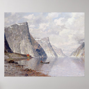 Båt på en norsk fjord (olja på canvas) poster