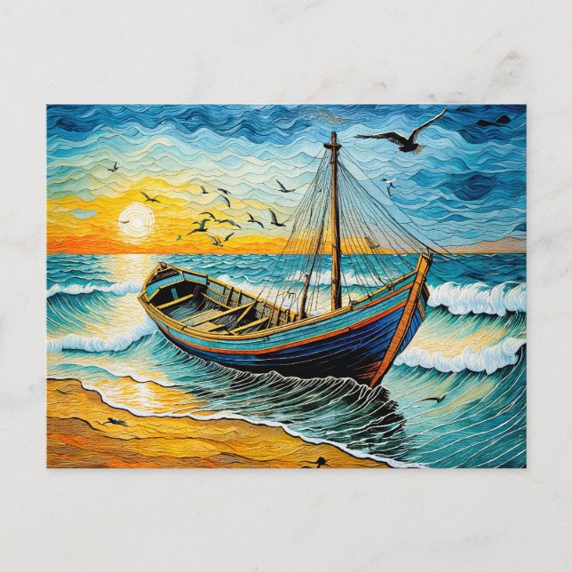 Båt på Lugn Vatten vid solnedgång Helg Vykort (Framsida)