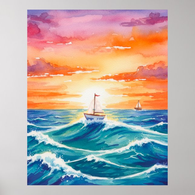 Båt Solnedgång Ocean Färgrik Akvarell Bruno Mars Poster (Framsidan)