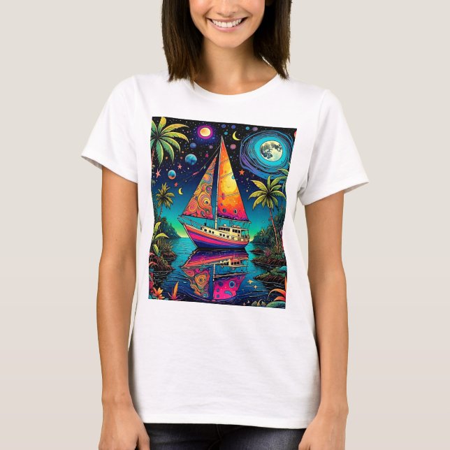 Båt under Moonlit himmel 2 T Shirt (Framsida)