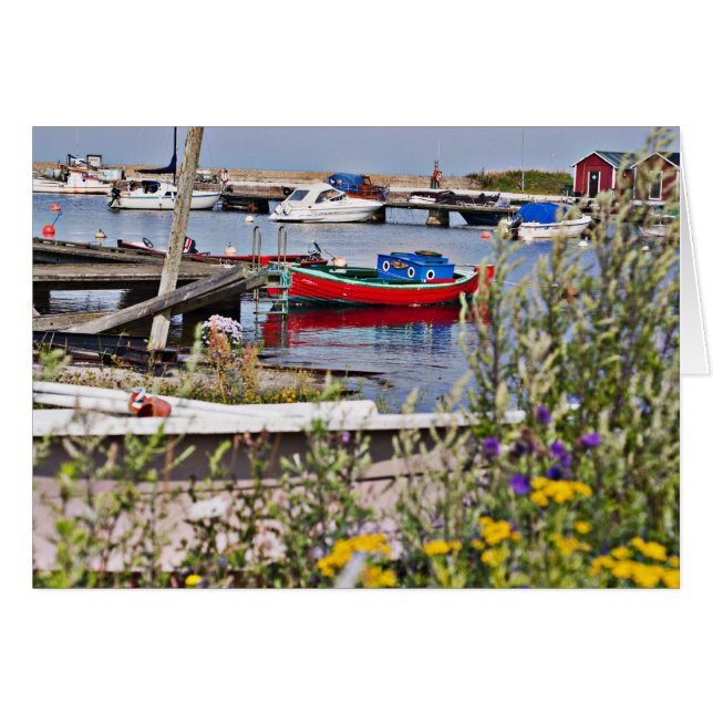 Båtar dockade i små hamnar hälsningskort (Framsidan Horizontal)