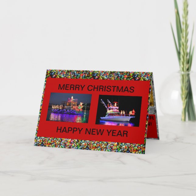 Båtar med julbelysning kort (Framsida)