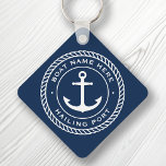 Båtar namn och segelankarrep gräns nyckelring<br><div class="desc">Nyckelring för din båt med en vit ankare och en elegant emblem med anpassningsbar båt namn och en segelport mot mörk blått bakgrund.</div>