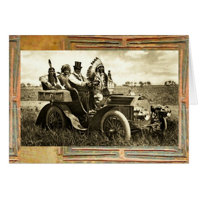 BÅTAR OCH GERONIMO SOM KÖR EN MOTORBIL HÄLSNINGSKORT (Framsidan Horizontal)