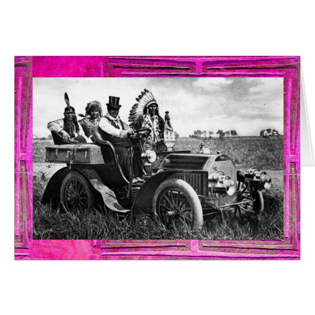 BÅTAR OCH GERONIMO SOM KÖR EN MOTORBIL HÄLSNINGSKORT (Framsidan Horizontal)