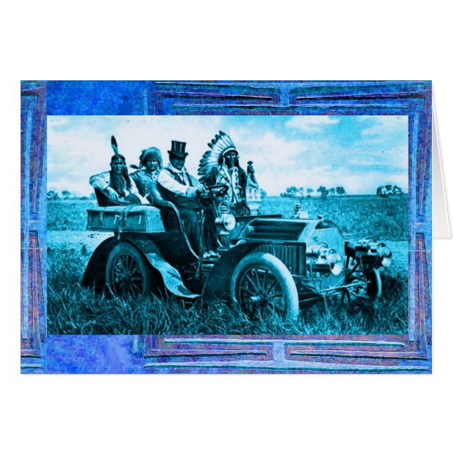 BÅTAR OCH GERONIMO SOM KÖR EN MOTORBIL HÄLSNINGSKORT (Framsidan Horizontal)