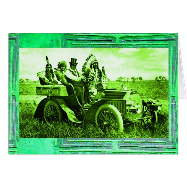 BÅTAR OCH GERONIMO SOM KÖR EN MOTORBIL HÄLSNINGSKORT (Framsidan Horizontal)