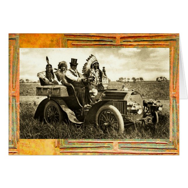 BÅTAR OCH GERONIMO SOM KÖR EN MOTORBIL HÄLSNINGSKORT (Framsidan Horizontal)