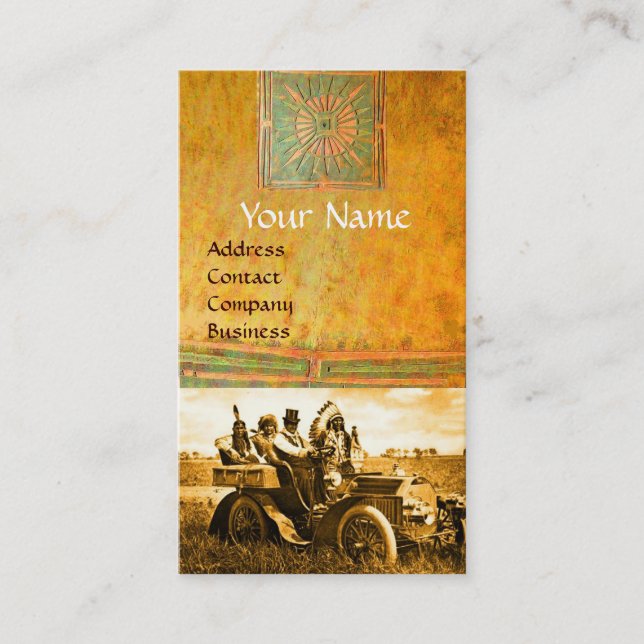 BÅTAR OCH GERONIMO SOM KÖR EN MOTORBIL VISITKORT (Framsida)