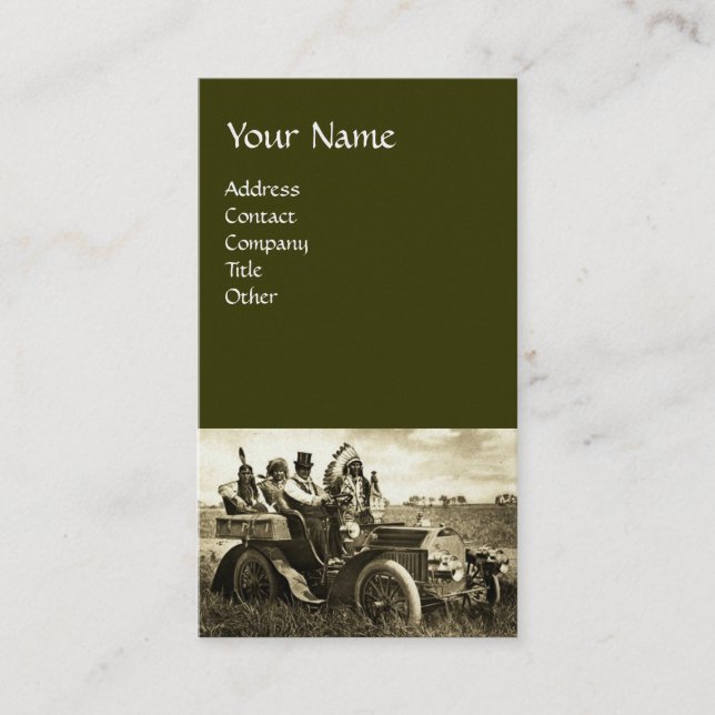 BÅTAR OCH GERONIMO SOM KÖR EN MOTORBIL VISITKORT (Framsida)