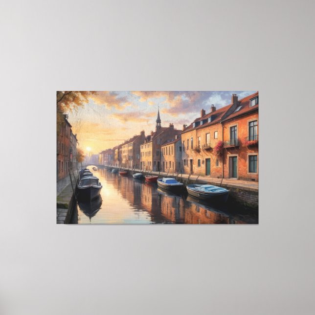 Båtar på en kanal med byggnad i bakgrunden canvastryck (Framsida)