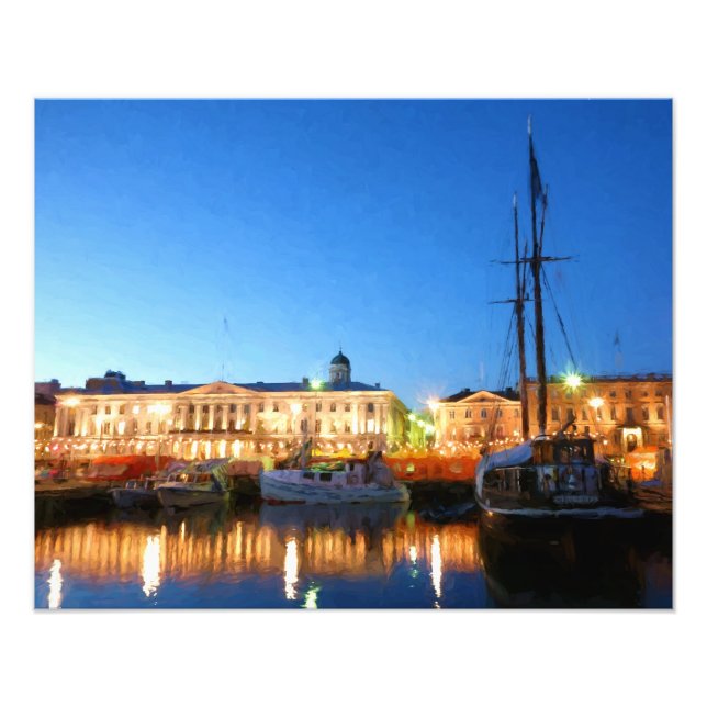 Båtar på Helsingfors-marknadstorget på kvällen Fototryck (Framsidan)