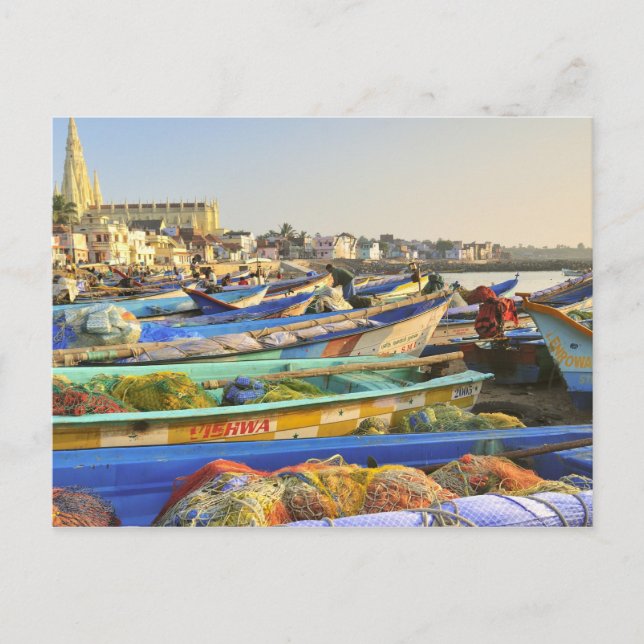 Båtar som är beredda att fiska, kyrkan vykort (Framsida)