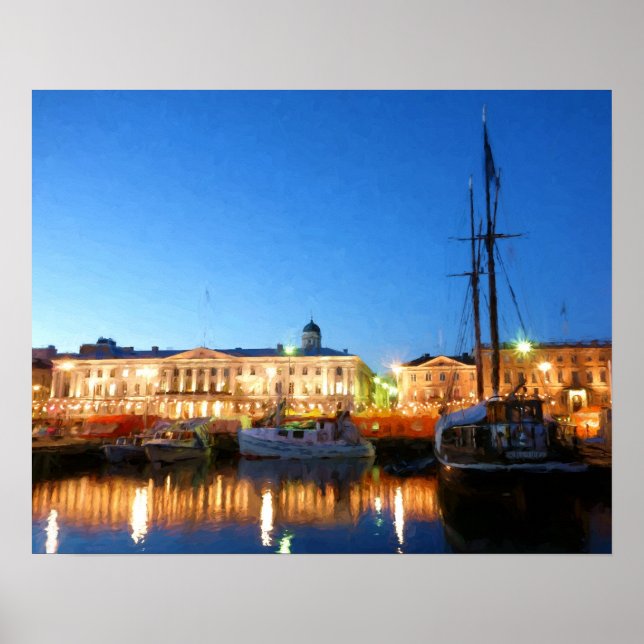 Båtar vid Helsingfors Salutorget på kvällen Poster (Framsidan)